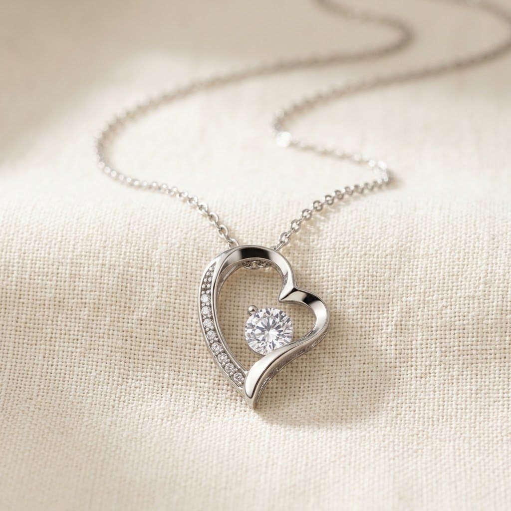 Forever Love Necklace in white gold finish on cream linen